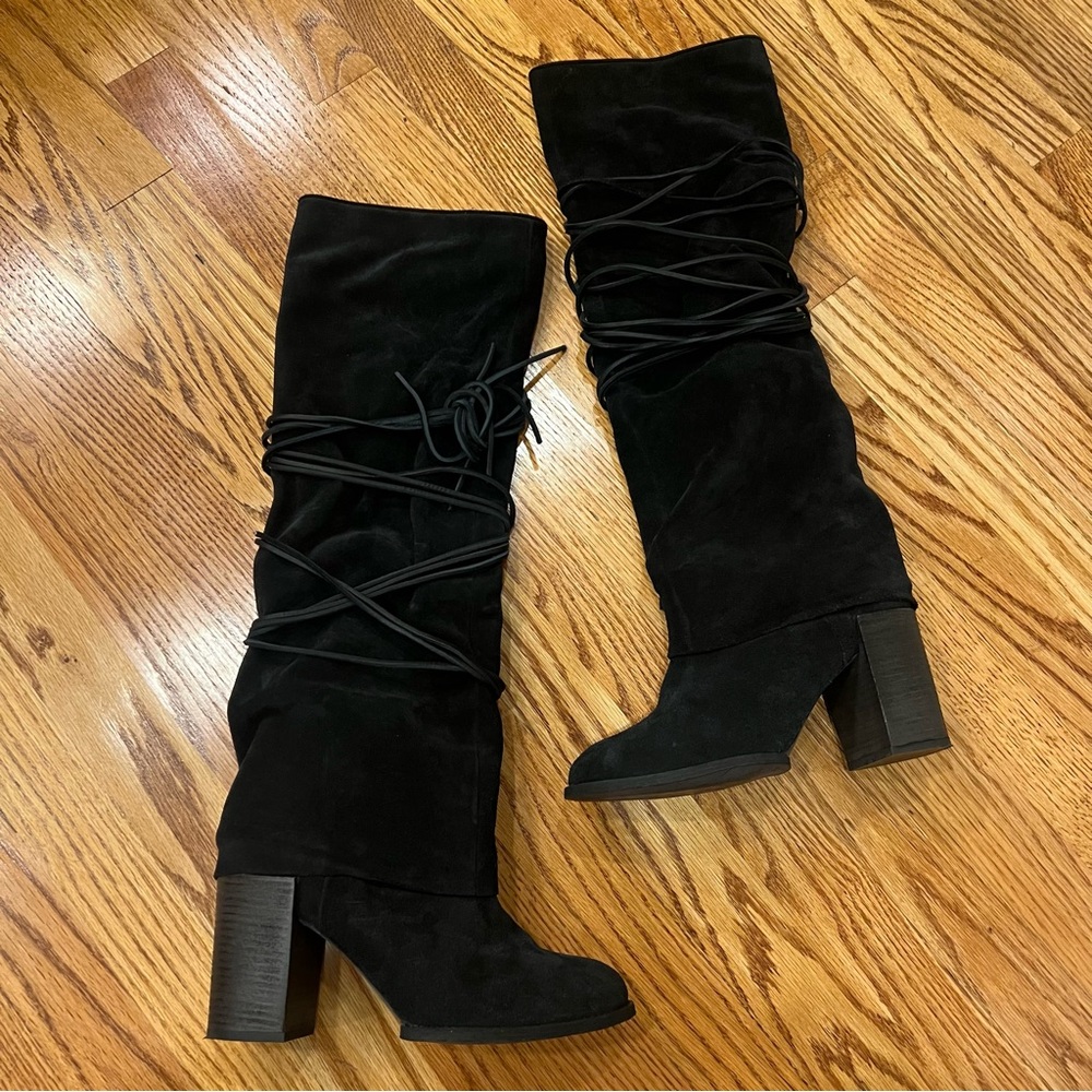 Free People Slouchy Over the Knee Suede Leather Black Wrap Boots 8 Western